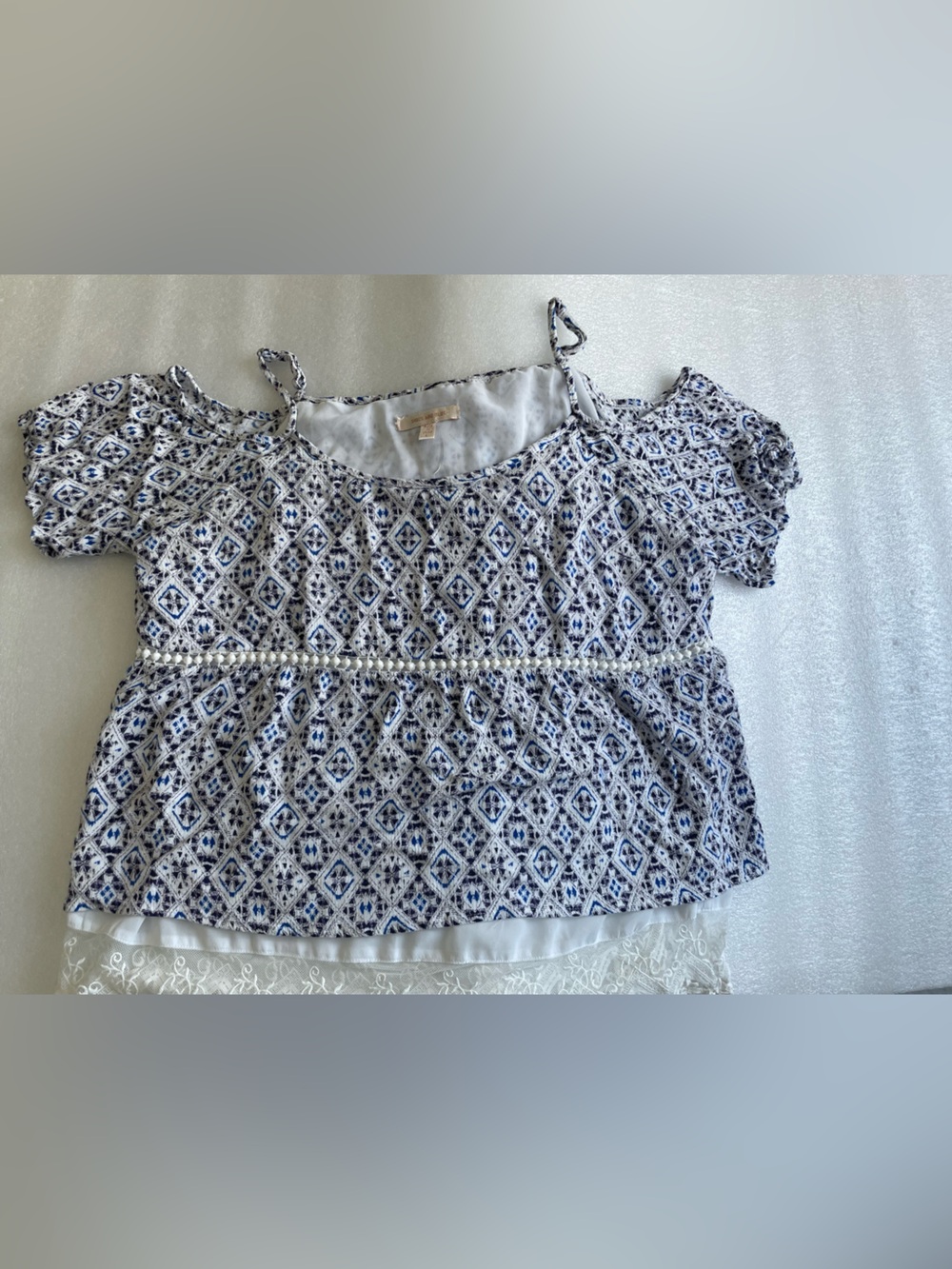 Skies Are Blue Blue and White Patterned Peasant Top